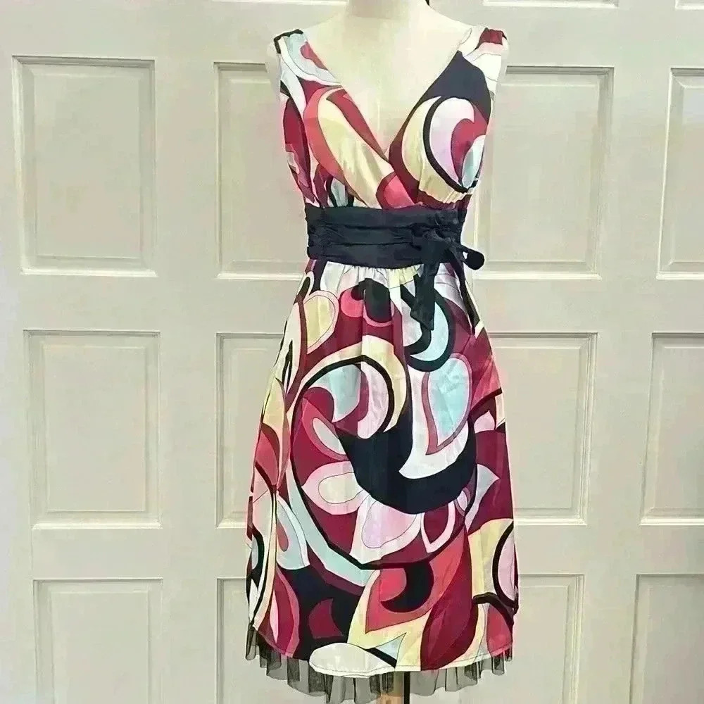 LOVE TEASE Y2K Retro Multicolored Floral Geometric Print Dress